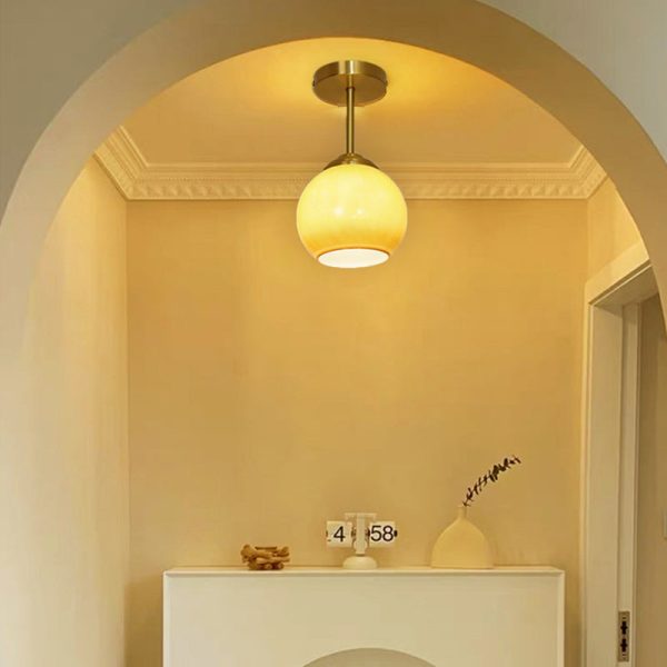 Traditional French Brass Spherical Glass Shade 1-Light Semi-Flush Mount Ceiling Light For Living Room