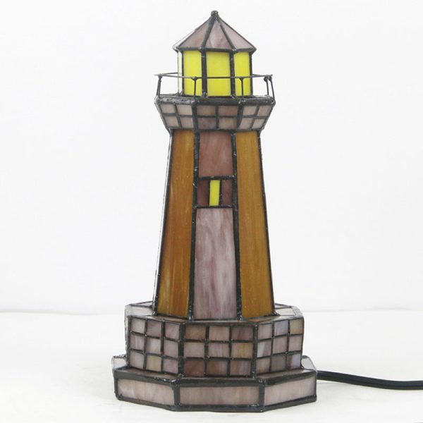 Traditional Tiffany Stained Glass Lighthouse Hardware 1-Light Table Lamp For Bedroom - Image 9