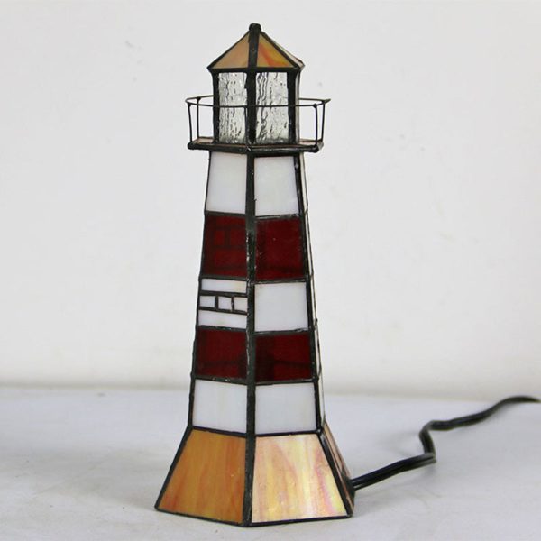 Traditional Tiffany Stained Glass Lighthouse Hardware 1-Light Table Lamp For Bedroom - Image 8