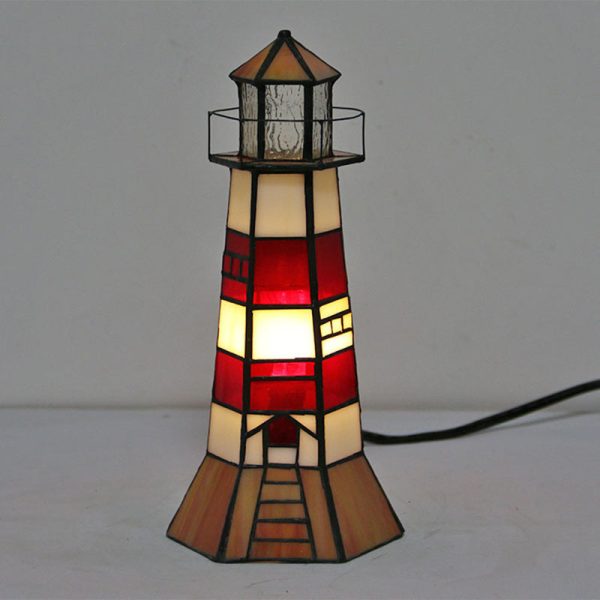 Traditional Tiffany Stained Glass Lighthouse Hardware 1-Light Table Lamp For Bedroom - Image 3