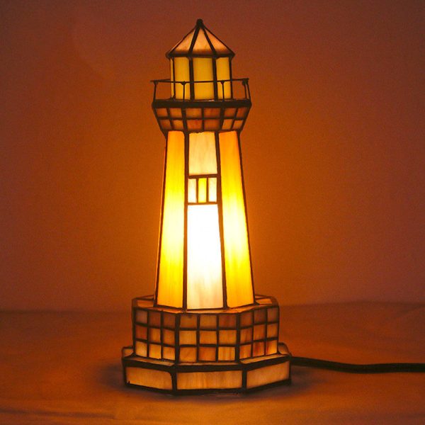 Traditional Tiffany Stained Glass Lighthouse Hardware 1-Light Table Lamp For Bedroom - Image 2