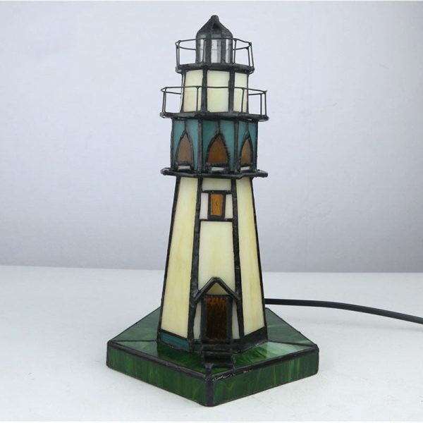 Traditional Tiffany Stained Glass Lighthouse Hardware 1-Light Table Lamp For Bedroom - Image 7