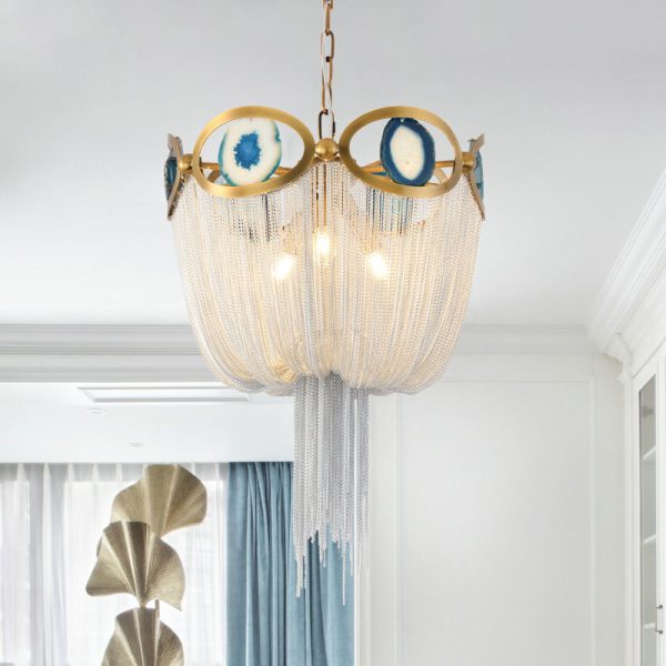 Contemporary Creative Round Agate Bead Aluminum Chain 3-Light Chandelier For Living Room