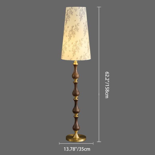 Traditional Vintage Printed Fabric Shade Copper Solid Wood Base 1-Light Standing Floor Lamp For Bedroom - Image 3