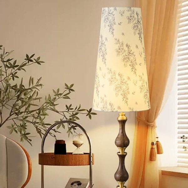 Traditional Vintage Printed Fabric Shade Copper Solid Wood Base 1-Light Standing Floor Lamp For Bedroom - Image 8