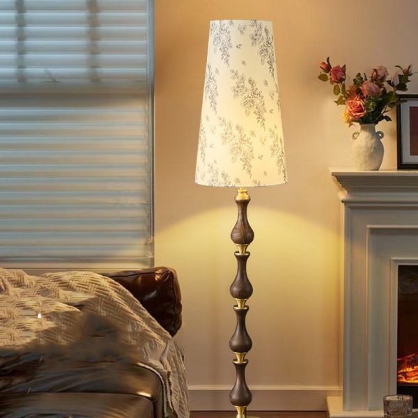 Traditional Vintage Printed Fabric Shade Copper Solid Wood Base 1-Light Standing Floor Lamp For Bedroom - Image 9