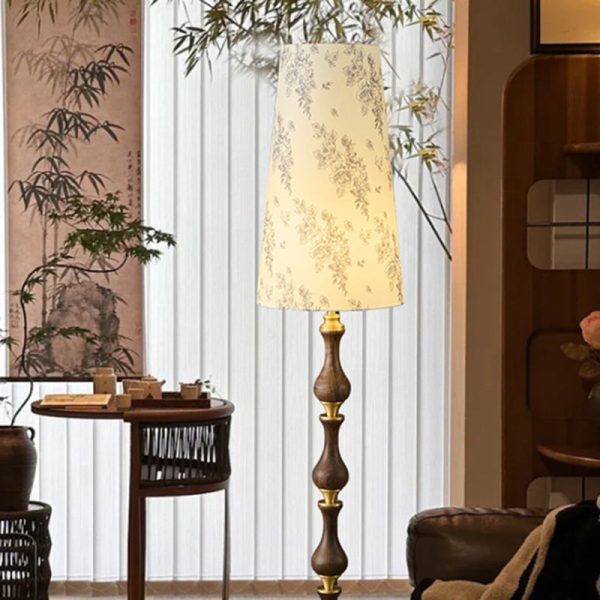 Traditional Vintage Printed Fabric Shade Copper Solid Wood Base 1-Light Standing Floor Lamp For Bedroom - Image 10