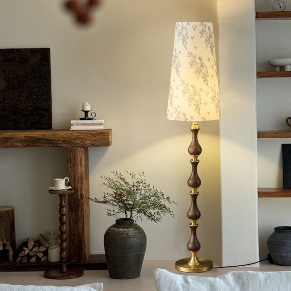 Traditional Vintage Printed Fabric Shade Copper Solid Wood Base 1-Light Standing Floor Lamp For Bedroom - Image 2