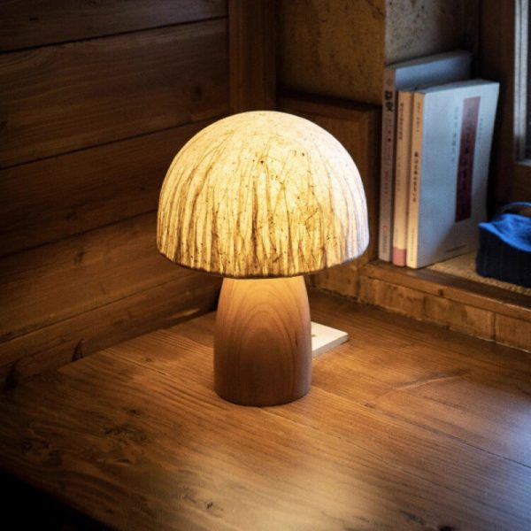 Traditional Japanese Handmade Paper Mushroom Shade Solid Wood 1-Light Table Lamp For Bedroom - Image 11