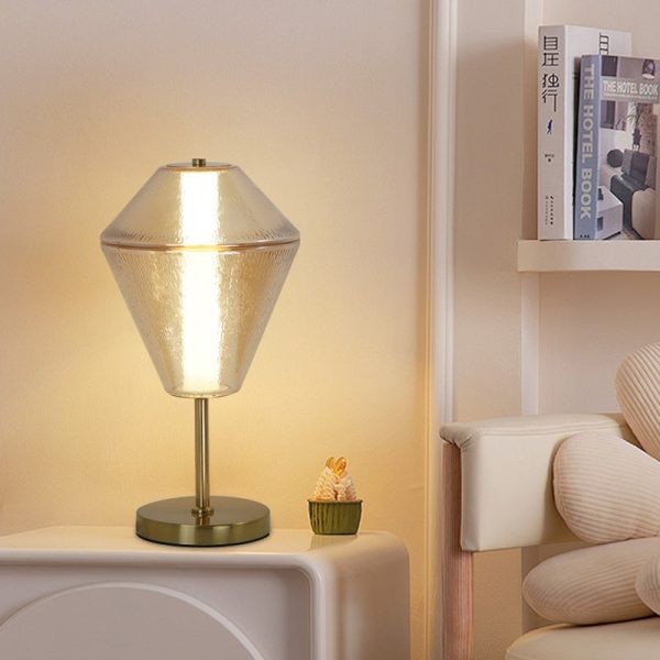 Contemporary Nordic Iron Geometric Cone-Stacked Water Ripple Glass LED Table Lamp For Bedroom - Image 6
