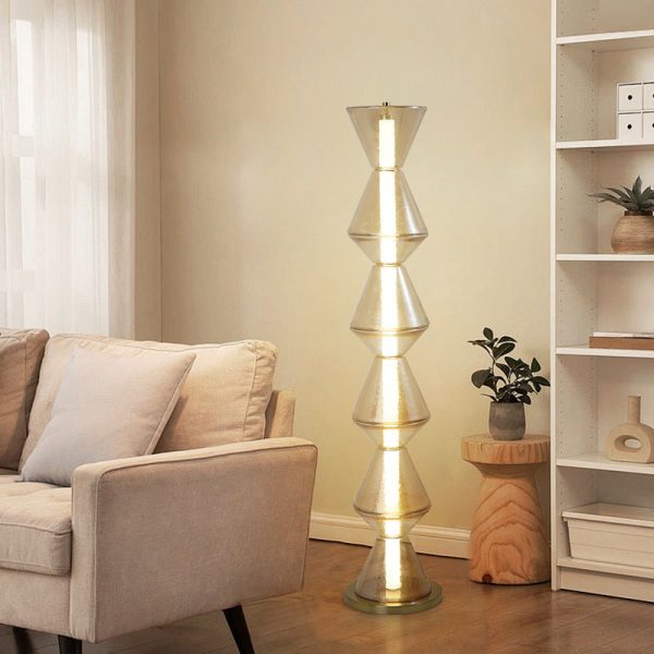 Contemporary Nordic Iron Geometric Cone-Stacked Water Ripple Glass LED Standing Floor Lamp For Bedroom - Image 2