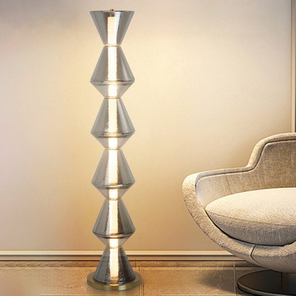 Contemporary Nordic Iron Geometric Cone-Stacked Water Ripple Glass LED Standing Floor Lamp For Bedroom - Image 7