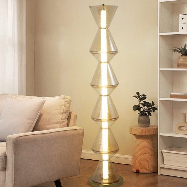 Contemporary Nordic Iron Geometric Cone-Stacked Water Ripple Glass LED Standing Floor Lamp For Bedroom - Image 8
