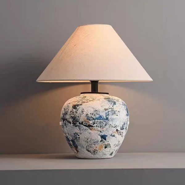 Traditional Japanese Fabric Tapered Shade Handmade Ceramic Jar 1-Light Table Lamp For Bedroom - Image 10