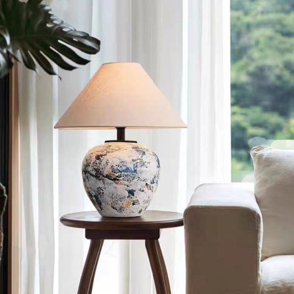 Traditional Japanese Fabric Tapered Shade Handmade Ceramic Jar 1-Light Table Lamp For Bedroom - Image 11