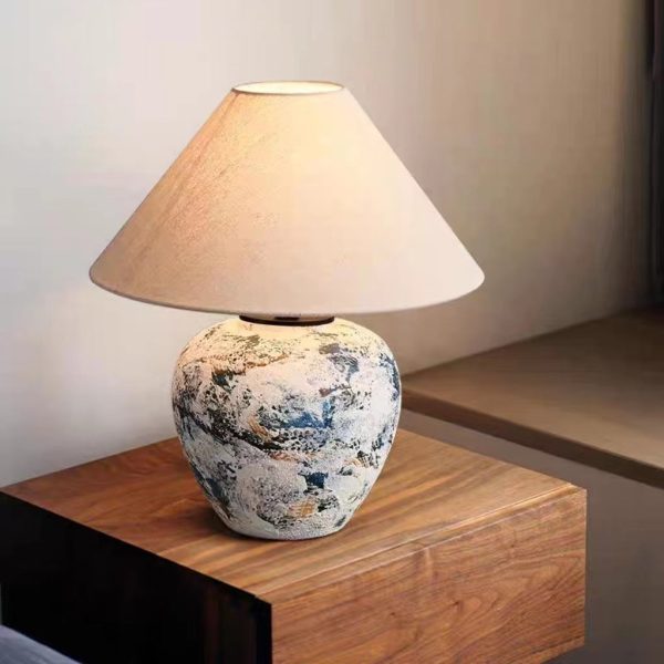 Traditional Japanese Fabric Tapered Shade Handmade Ceramic Jar 1-Light Table Lamp For Bedroom - Image 12