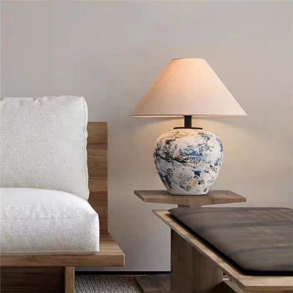 Traditional Japanese Fabric Tapered Shade Handmade Ceramic Jar 1-Light Table Lamp For Bedroom - Image 13