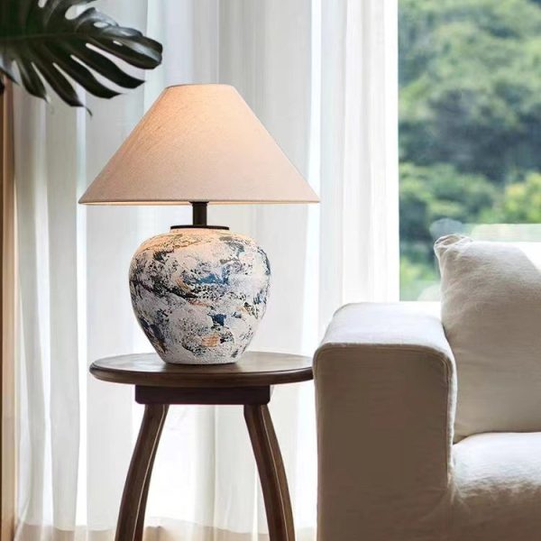 Traditional Japanese Fabric Tapered Shade Handmade Ceramic Jar 1-Light Table Lamp For Bedroom - Image 2