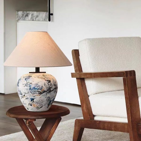Traditional Japanese Fabric Tapered Shade Handmade Ceramic Jar 1-Light Table Lamp For Bedroom - Image 3