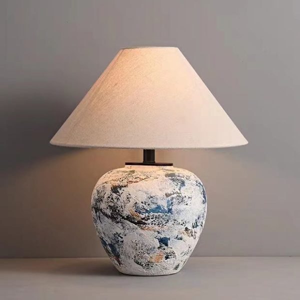Traditional Japanese Fabric Tapered Shade Handmade Ceramic Jar 1-Light Table Lamp For Bedroom - Image 9