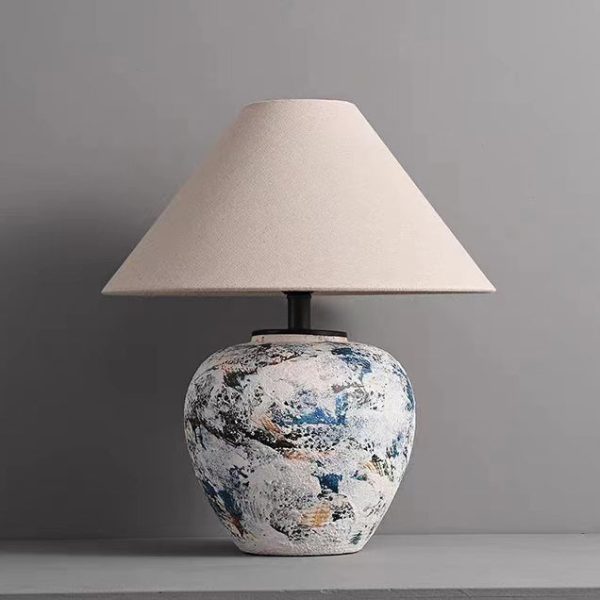 Traditional Japanese Fabric Tapered Shade Handmade Ceramic Jar 1-Light Table Lamp For Bedroom - Image 14