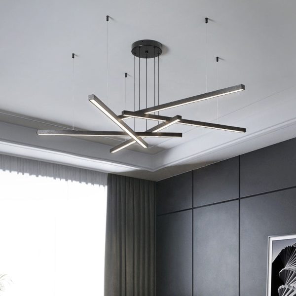 Contemporary Luxury Geometric Intersecting Long Strip Aluminum Acrylic LED Chandelier For Living Room - Image 6