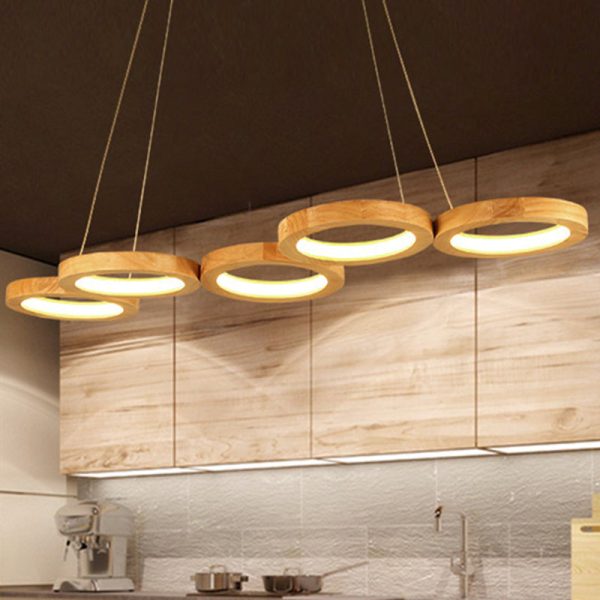 Traditional Japanese Solid Wood Geometry Circle Ring LED Chandelier Island Light For Living Room