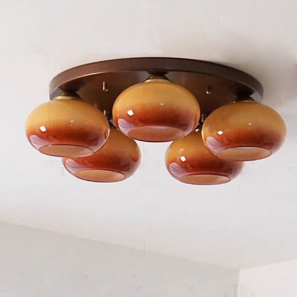 Traditional French Glass Persimmon Shade Iron 5-Light Semi-Flush Mount Ceiling Light For Living Room