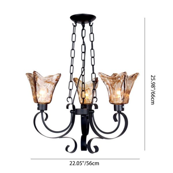 Contemporary Retro Iron Curved Frame Amber Glass Tulip Shade 3/6/8/12-Light Chandelier For Living Room - Image 3
