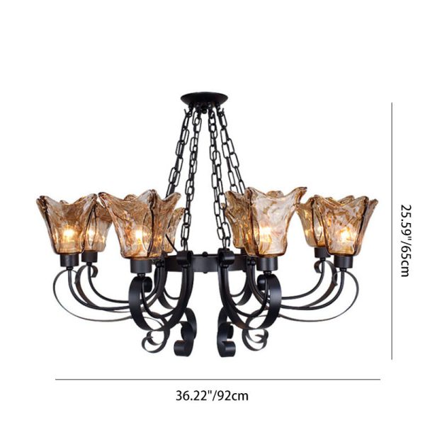 Contemporary Retro Iron Curved Frame Amber Glass Tulip Shade 3/6/8/12-Light Chandelier For Living Room - Image 5
