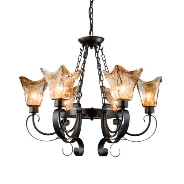 Contemporary Retro Iron Curved Frame Amber Glass Tulip Shade 3/6/8/12-Light Chandelier For Living Room - Image 9
