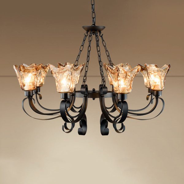 Contemporary Retro Iron Curved Frame Amber Glass Tulip Shade 3/6/8/12-Light Chandelier For Living Room - Image 8