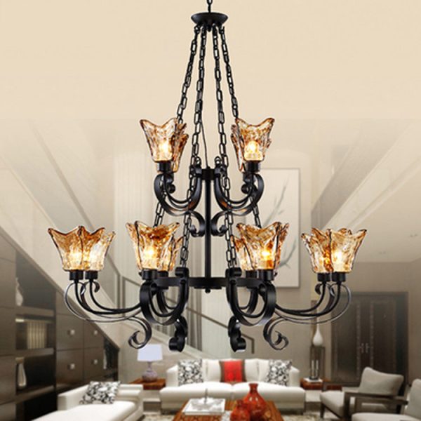 Contemporary Retro Iron Curved Frame Amber Glass Tulip Shade 3/6/8/12-Light Chandelier For Living Room - Image 2