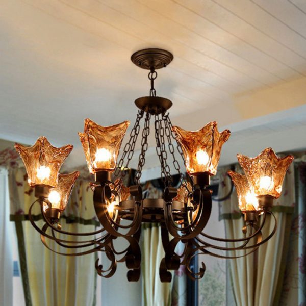 Contemporary Retro Iron Curved Frame Amber Glass Tulip Shade 3/6/8/12-Light Chandelier For Living Room - Image 7
