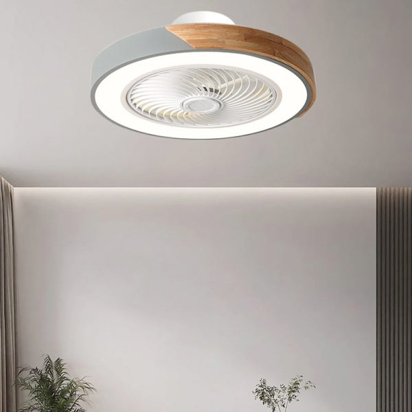 Contemporary Scandinavian Round Iron Solid Wood LED Silent Semi-Flush Mount Ceiling Fan Light For Bedroom - Image 9