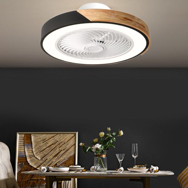 Contemporary Scandinavian Round Iron Solid Wood LED Silent Semi-Flush Mount Ceiling Fan Light For Bedroom