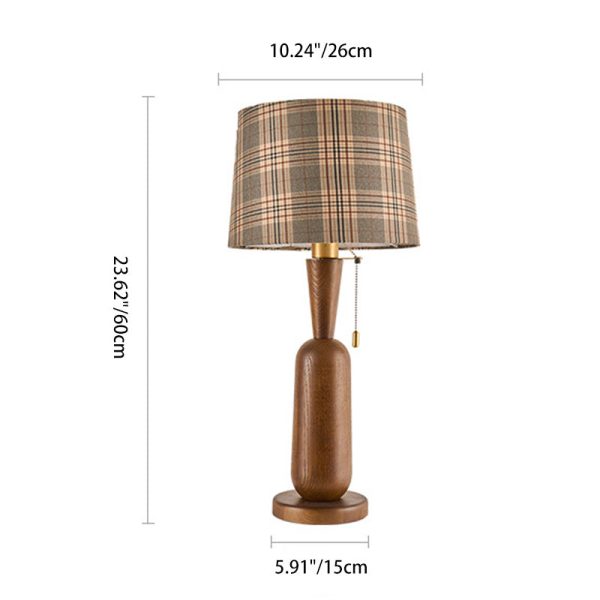 Traditional Colonial Plaid Fabric Round Shade Solid Wood Column Base 1-Light Table Lamp For Bedroom - Image 3