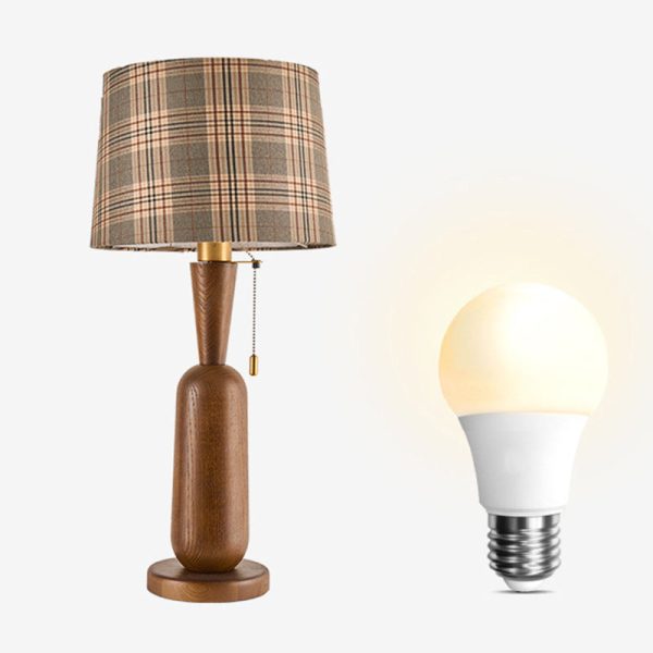 Traditional Colonial Plaid Fabric Round Shade Solid Wood Column Base 1-Light Table Lamp For Bedroom - Image 13