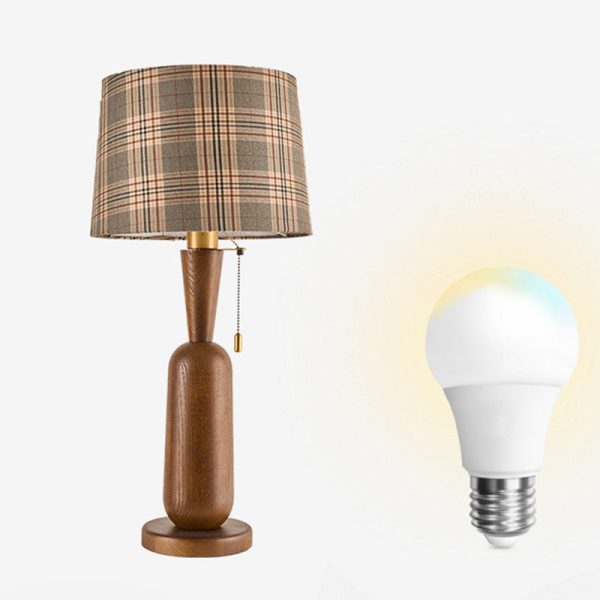 Traditional Colonial Plaid Fabric Round Shade Solid Wood Column Base 1-Light Table Lamp For Bedroom - Image 14