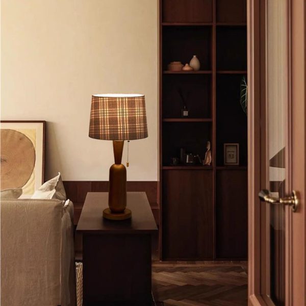 Traditional Colonial Plaid Fabric Round Shade Solid Wood Column Base 1-Light Table Lamp For Bedroom - Image 9