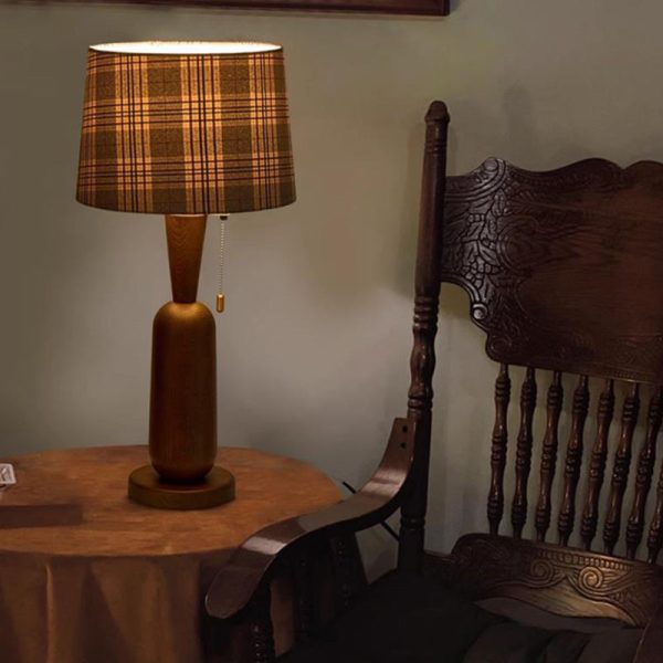 Traditional Colonial Plaid Fabric Round Shade Solid Wood Column Base 1-Light Table Lamp For Bedroom - Image 2
