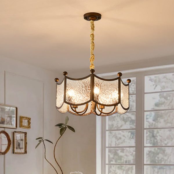 Traditional French Corrugated Ripple Glass Shade Hardware 5-Light Chandelier For Living Room