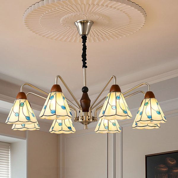 Traditional Tiffany Stained Glass Flower Shade Iron Solid Wood 5-Light Chandelier For Living Room - Image 2