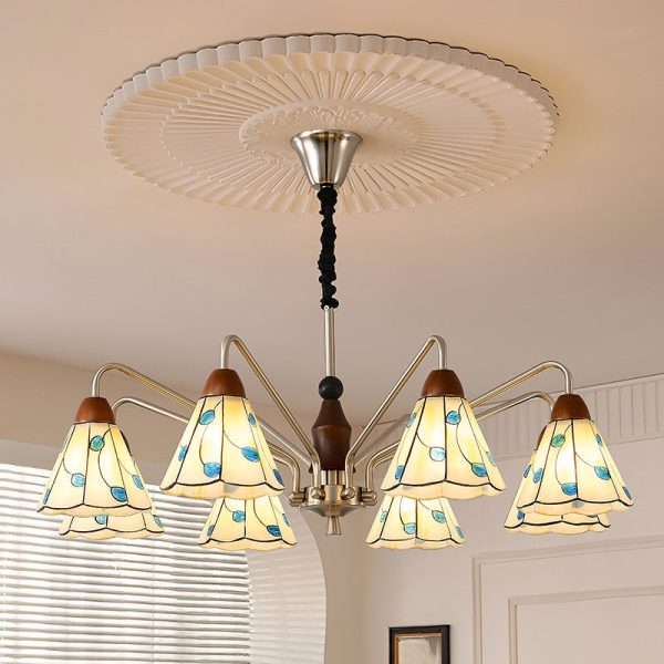 Traditional Tiffany Stained Glass Flower Shade Iron Solid Wood 5-Light Chandelier For Living Room