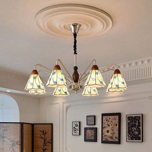 Traditional Tiffany Stained Glass Flower Shade Iron Solid Wood 5-Light Chandelier For Living Room - Image 11
