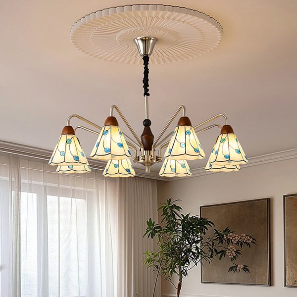 Traditional Tiffany Stained Glass Flower Shade Iron Solid Wood 5-Light Chandelier For Living Room - Image 12