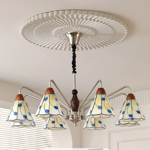 Traditional Tiffany Stained Glass Flower Shade Iron Solid Wood 5-Light Chandelier For Living Room - Image 13