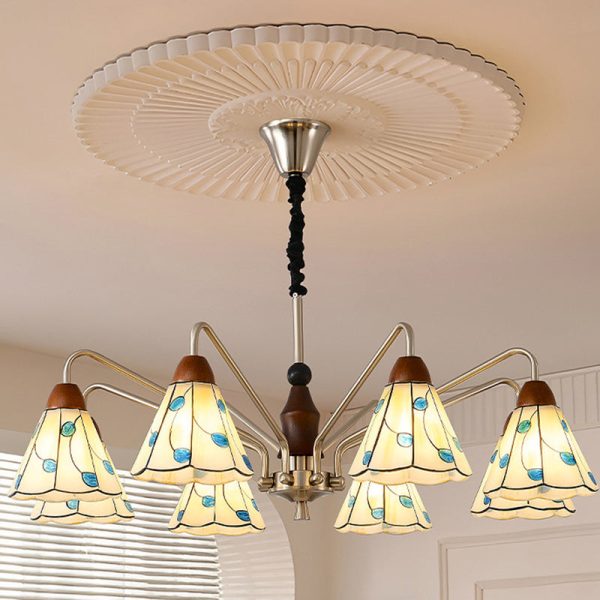 Traditional Tiffany Stained Glass Flower Shade Iron Solid Wood 5-Light Chandelier For Living Room - Image 14