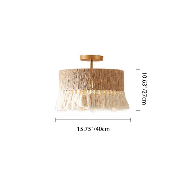 Contemporary Boho Tassel Cylinder Round Hemp Rope Cotton Embryo Yarn 1- Light Semi-Flush Mount Ceiling Light For Bedroom - Image 4