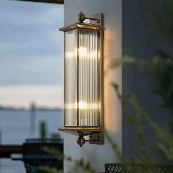 Traditional Chinese Waterproof Rectangle Copper Glass 1/2 Light Wall Sconce Lamp For Outdoor - Image 2